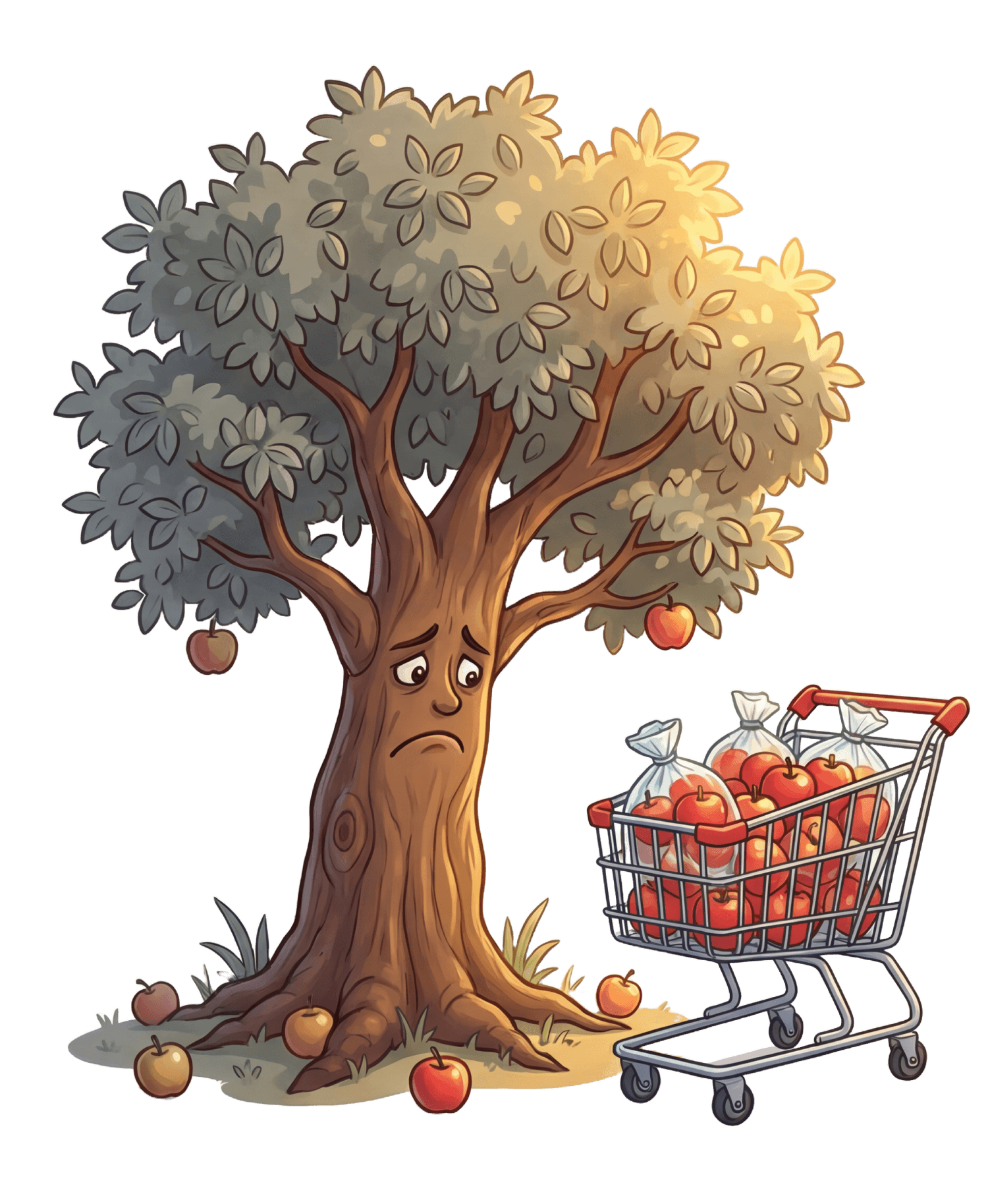 Trauriger Baum mit ungenutzten Äpfeln neben einem Einkaufswagen voller Plastikverpackungen