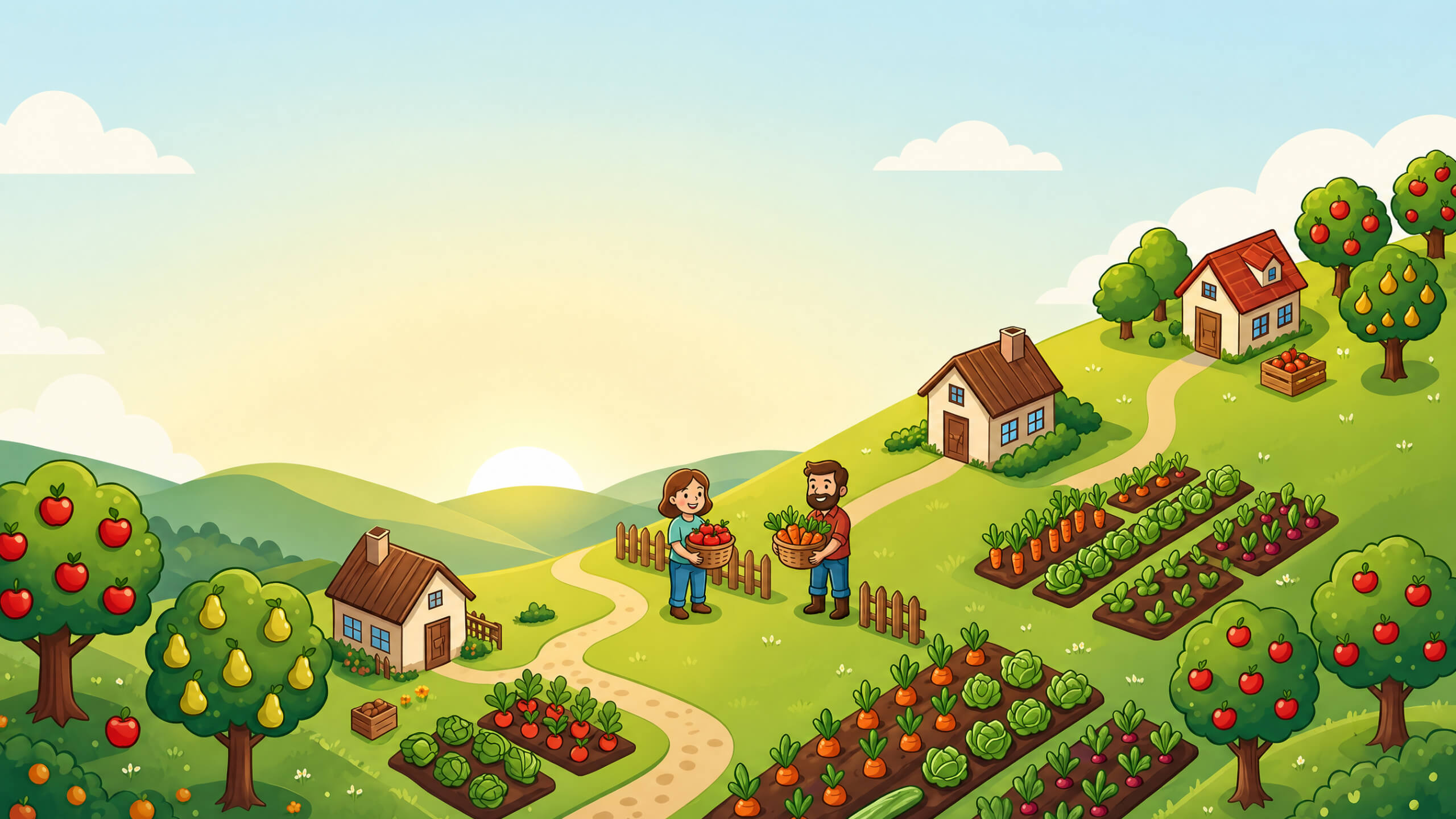 Idyllische Gartenlandschaft mit Obstbäumen und Gemüsebeeten