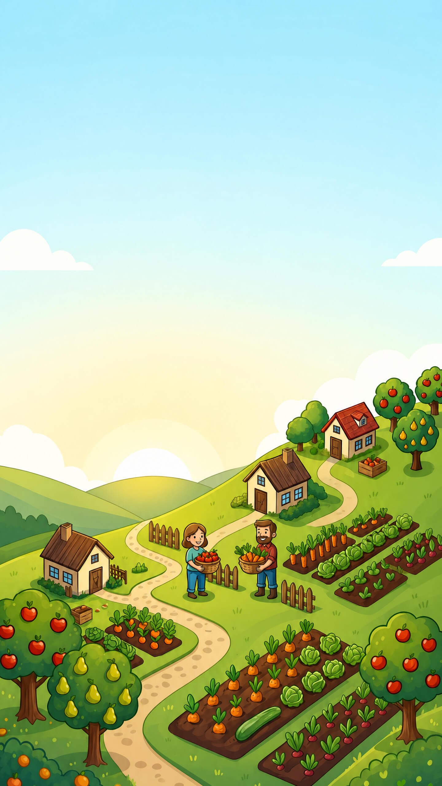 Idyllische Gartenlandschaft mit Obstbäumen und Gemüsebeeten